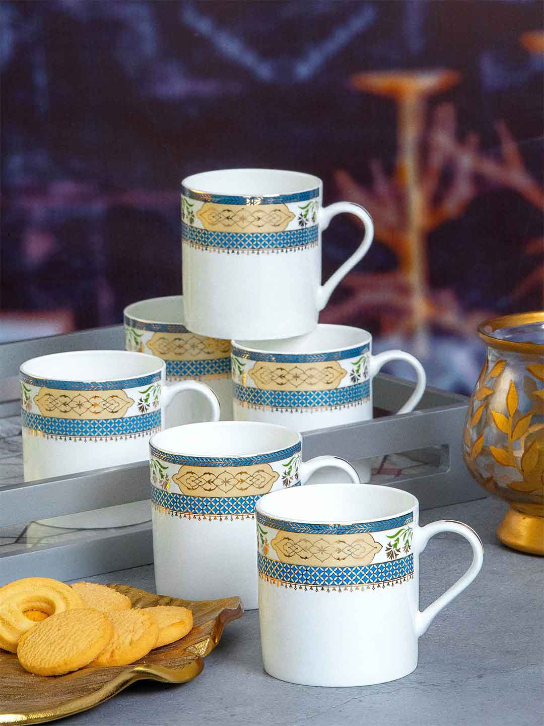 

SONAKI White & Blue Set Of 6 Ethnic Motifs Printed Bone China Glossy Mugs 220 ml Each