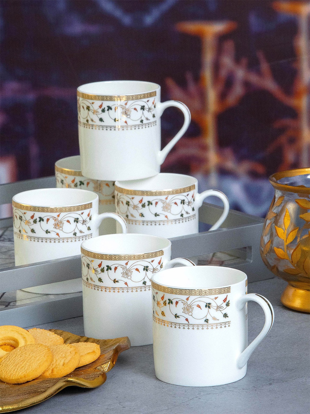 

SONAKI White & Gold Set Of 6 Ethnic Motifs Printed Bone China Mugs 220 ml Each