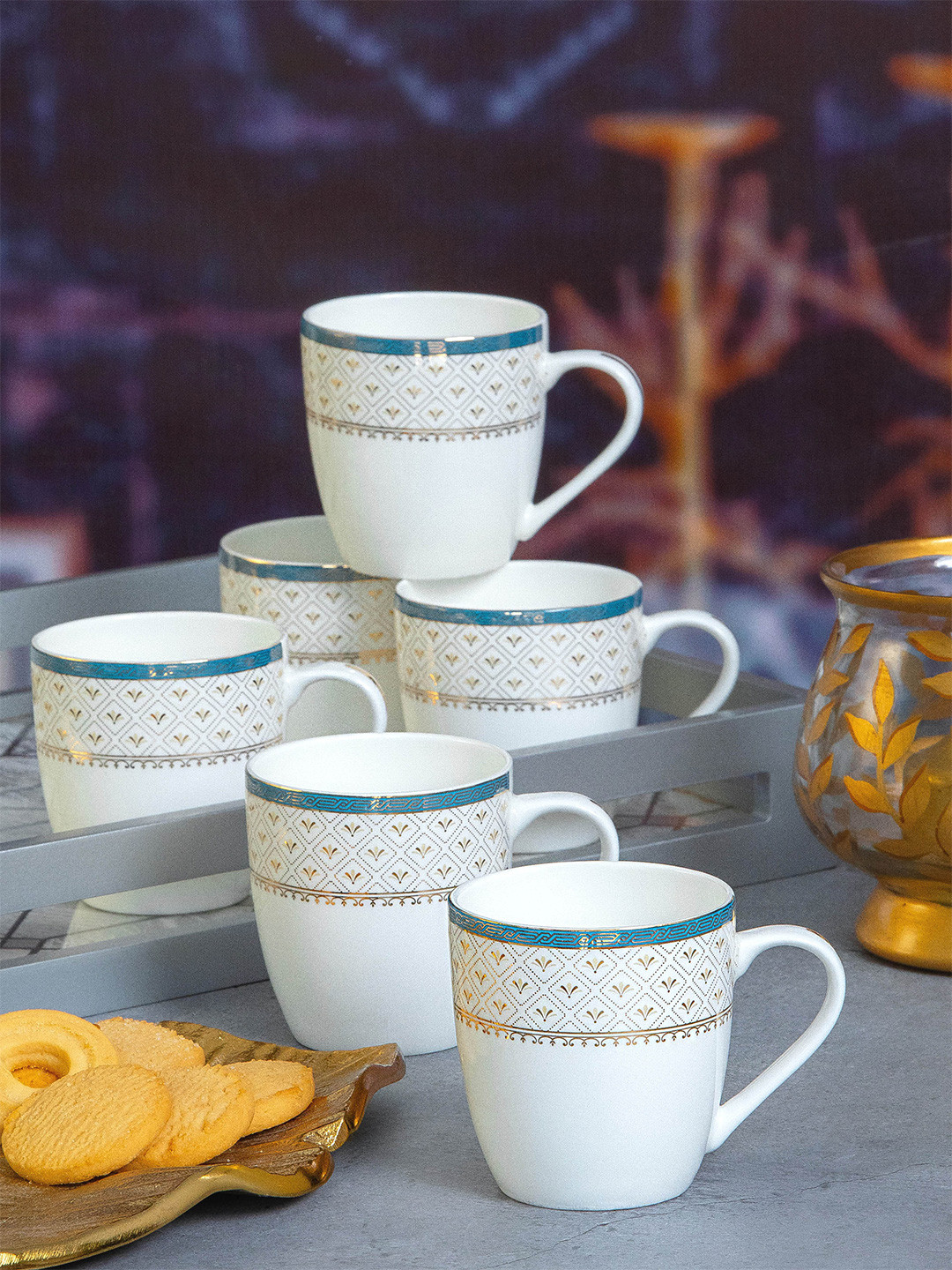 

SONAKI White & Gold Set Of 6 Printed Bone China Glossy Mugs 170 ml Each