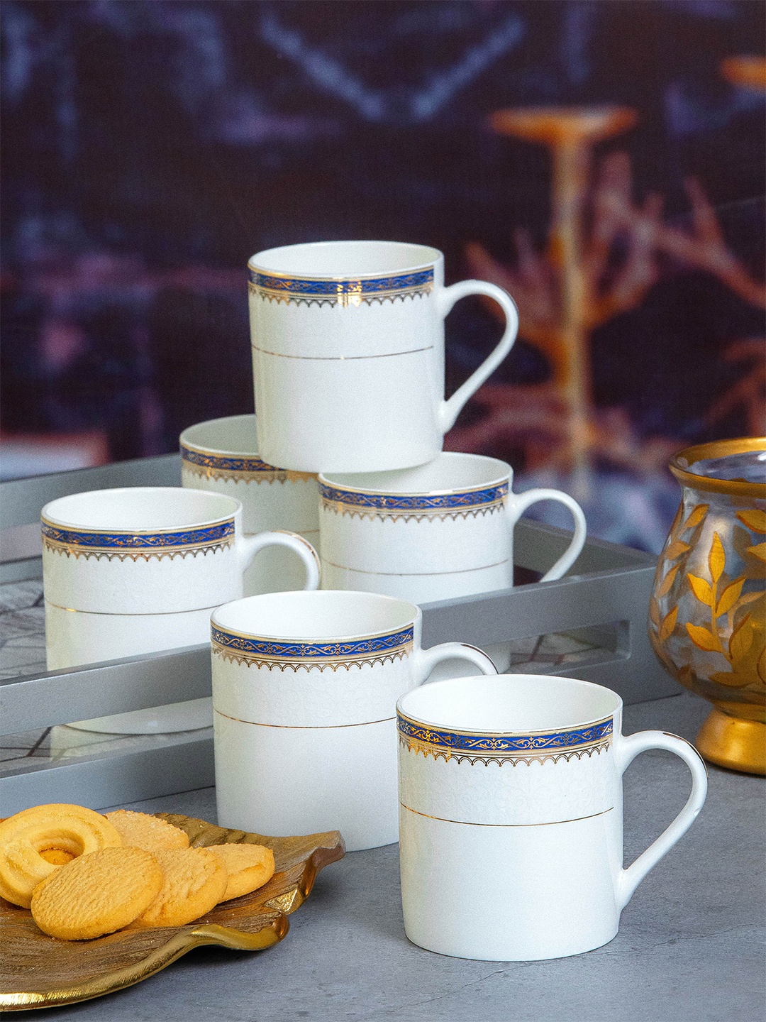 

SONAKI White & Gold Ethnic Set Of 6 Printed Bone China Glossy Mugs 220 ml Each