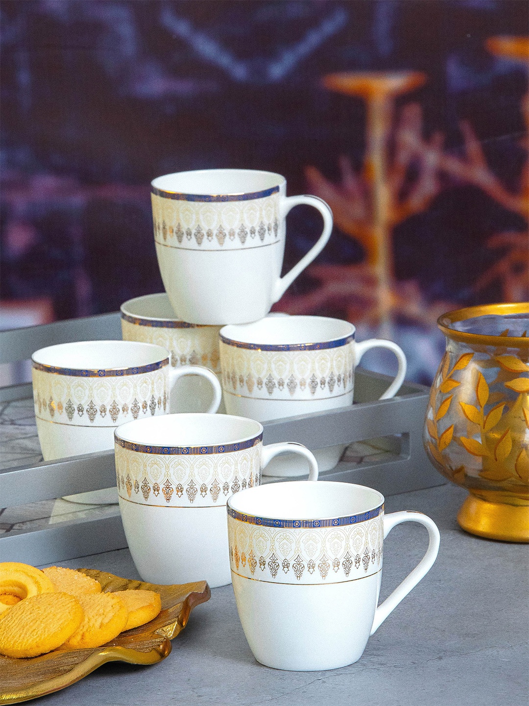 

SONAKI White & Gold Set of 6 Printed Bone China Glossy Mugs 170 ml Each