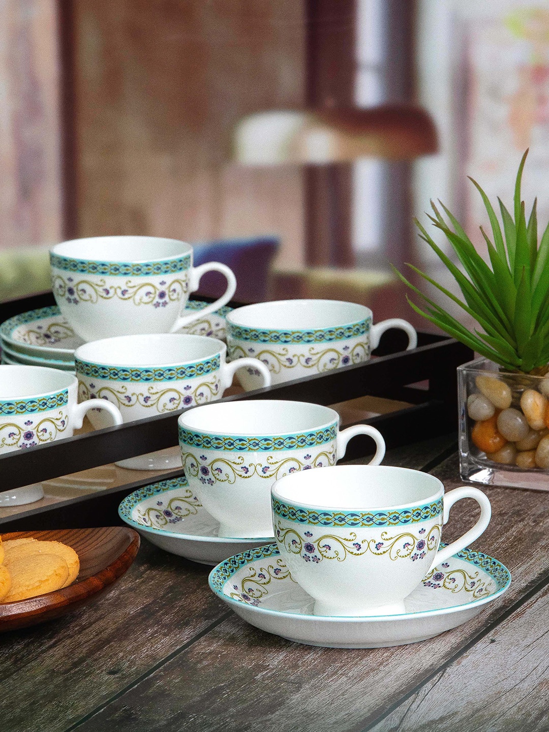 

SONAKI Set Of 12 White & Green Ethnic Motifs Printed Bone China Glossy Cups and Saucers