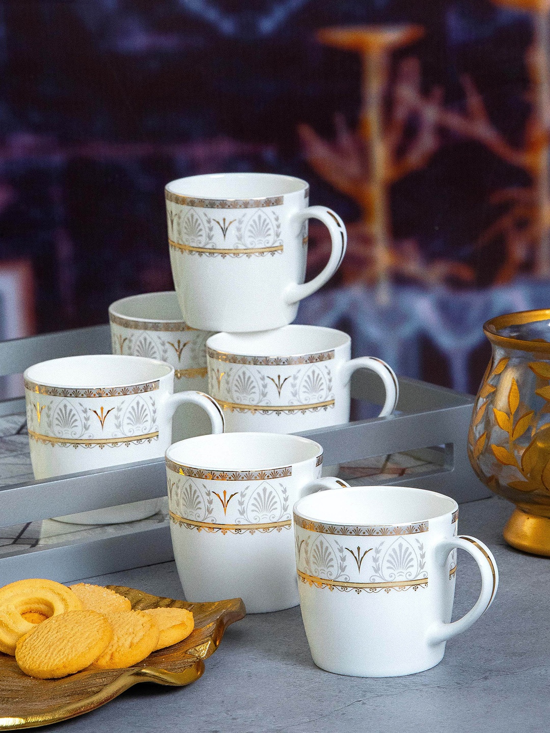 

SONAKI White & Gold Set of 6 Printed Bone China Glossy Mugs 180 ml Each