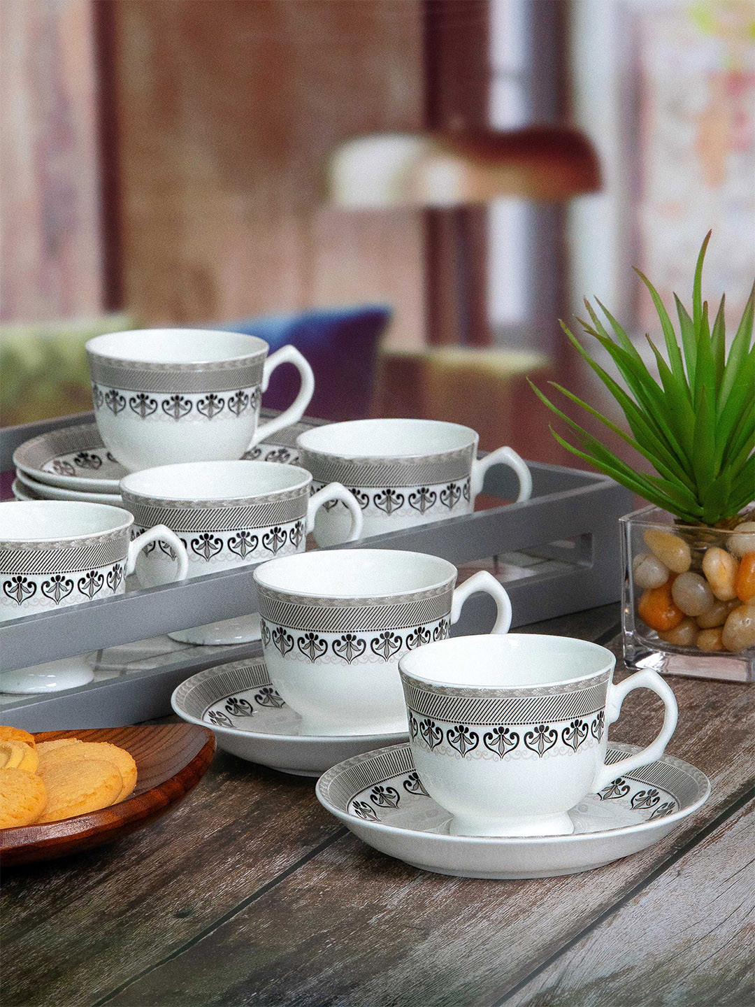 

SONAKI White & Grey Set Of 6 Printed Bone China Glossy Cups and Saucers 150 ml Each