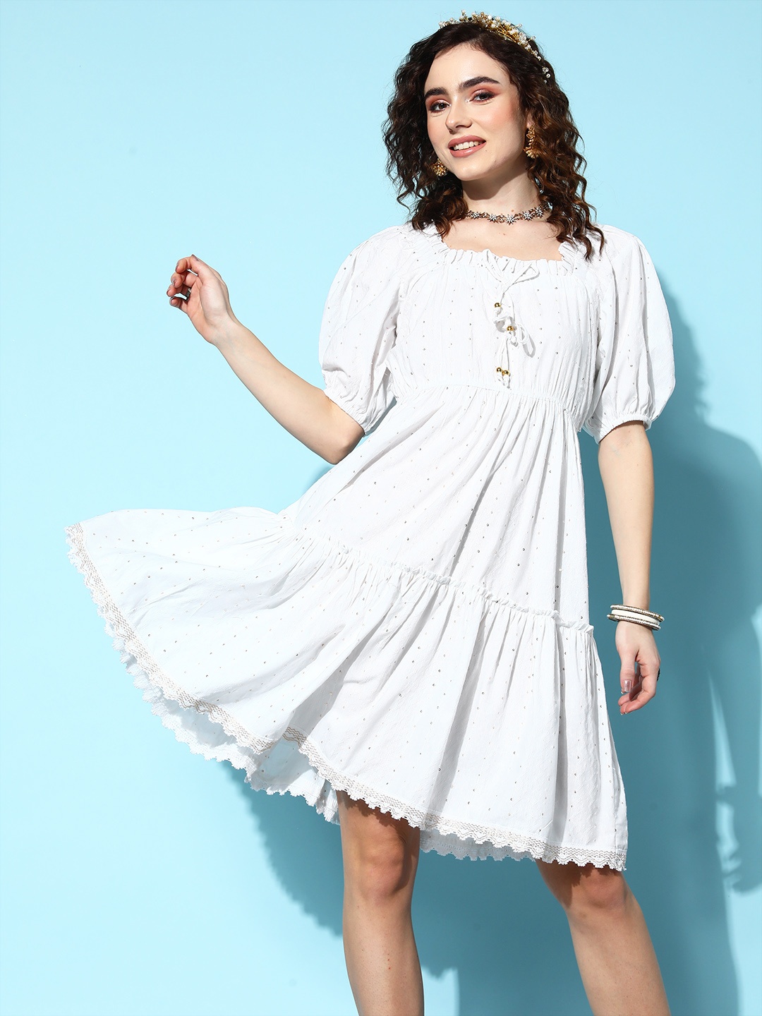 

Yufta Women White Self-Design Fluid Tie-Up Dress