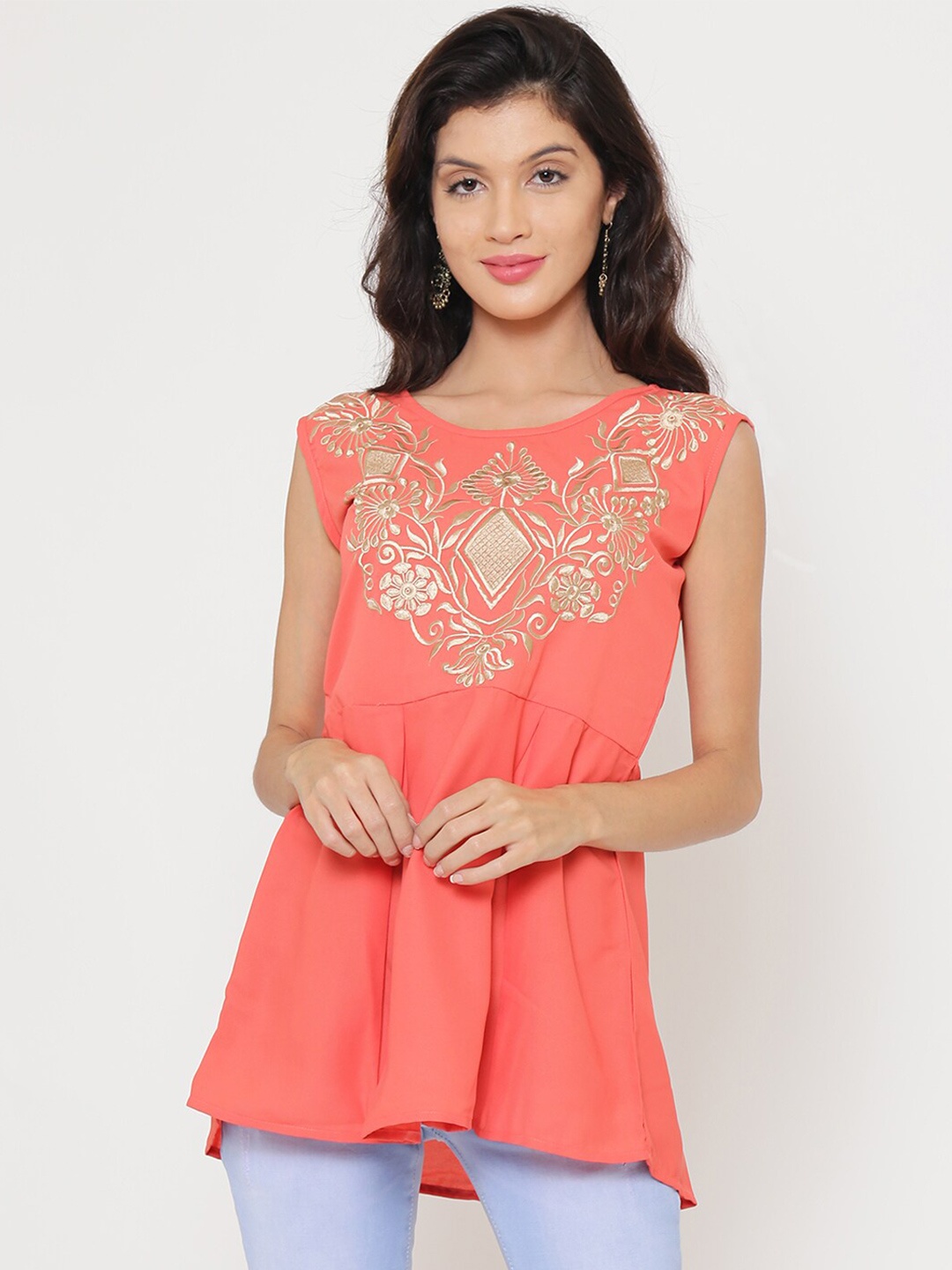 

Be Indi Women Peach-Coloured Self Design A-Line Longline Top