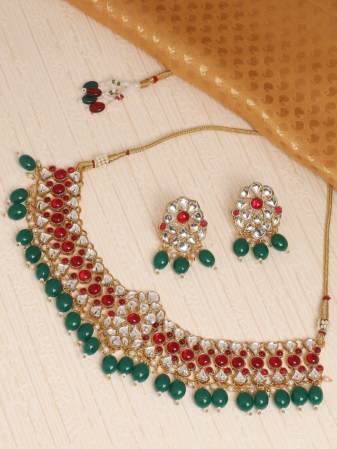 

OOMPH Gold-Plated Red & Green Kundan Beaded Jewellery Set