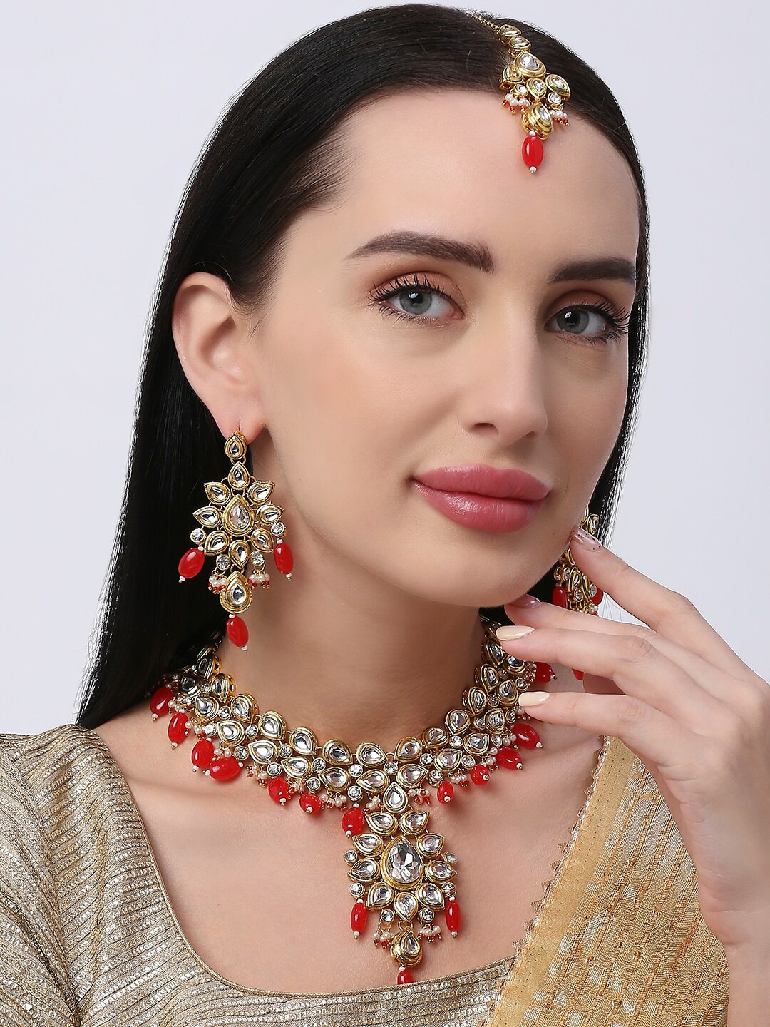 

OOMPH Gold-Plated & Red Kundan-Studded & Pearls-Beaded Jewellery Set