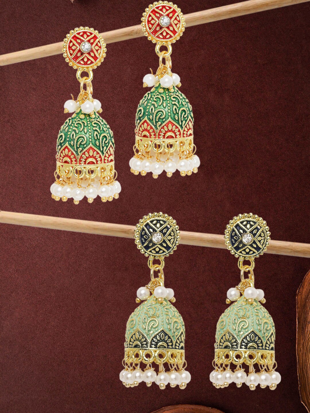 

OOMPH Pack Of 2 Gold-Toned & Green Classic Jhumkas Earrings