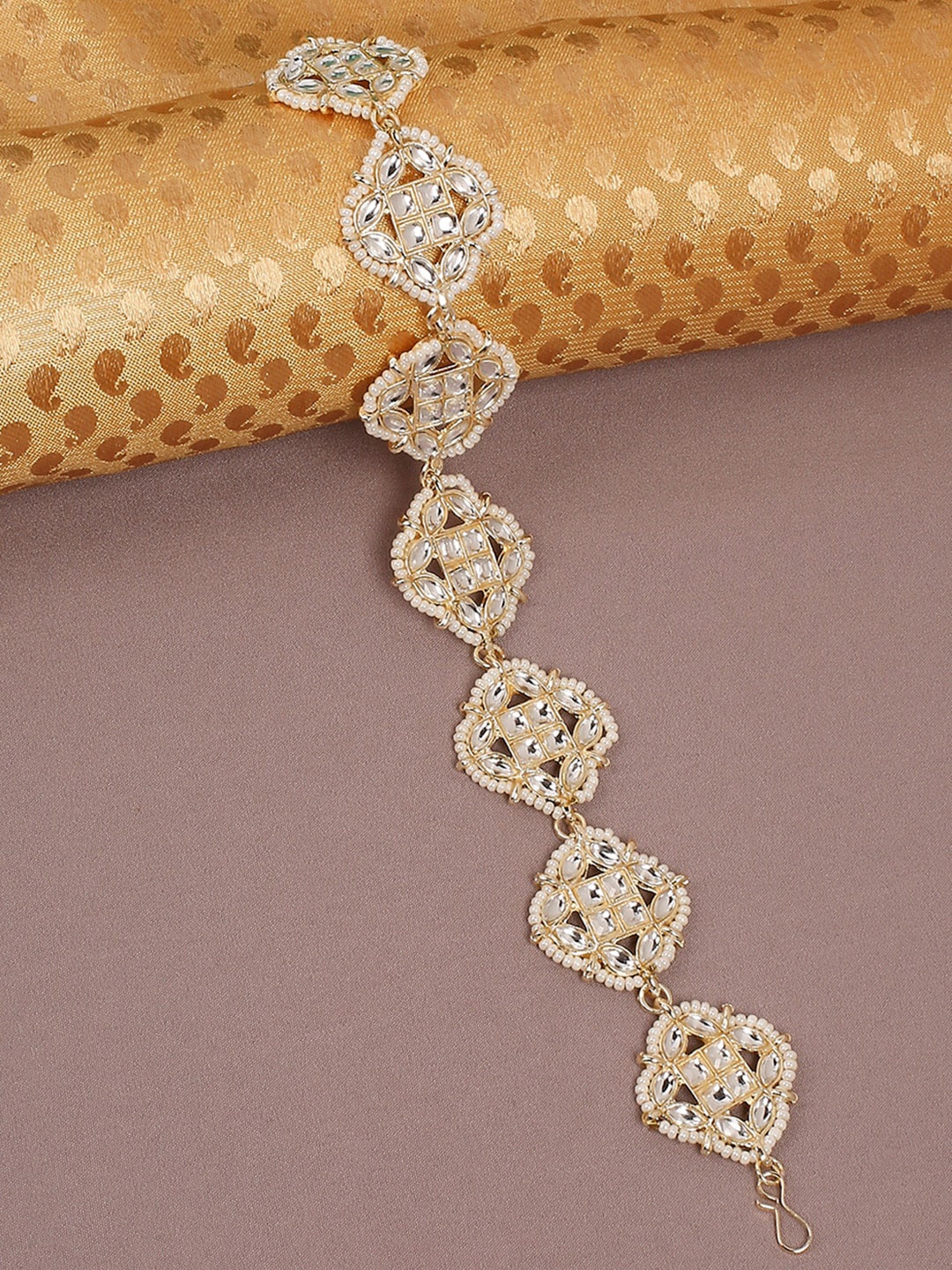 

OOMPH Gold-Toned & White Pearl & Kundan-Studded Head Chain