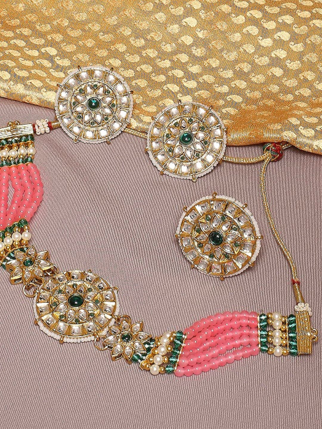 

OOMPH Gold-Toned Pink & Green Kundan Studded Jewellery Set