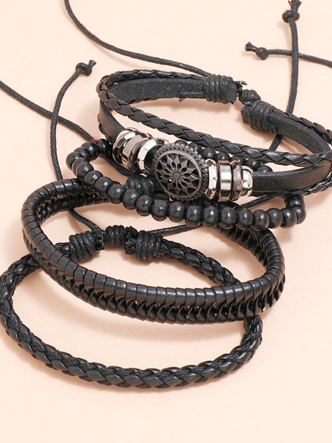 

OOMPH Men Set Of 4 Black Leather Cuff Bracelet