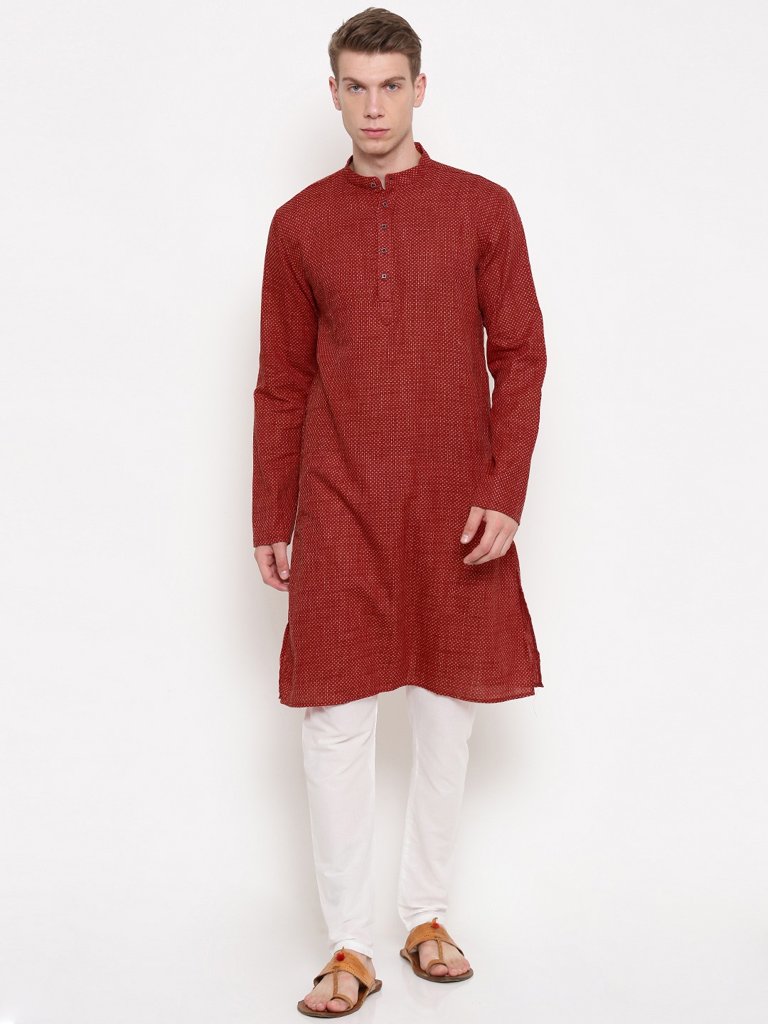 

Freehand by The Indian Garage Co Men Red White Self Design Kurta with Pyjamas