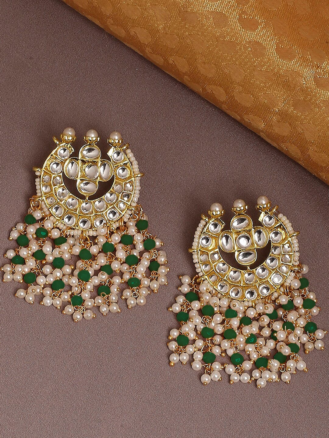 

OOMPH Green & Gold-Toned Circular Chandbalis Gold-Plated Earrings