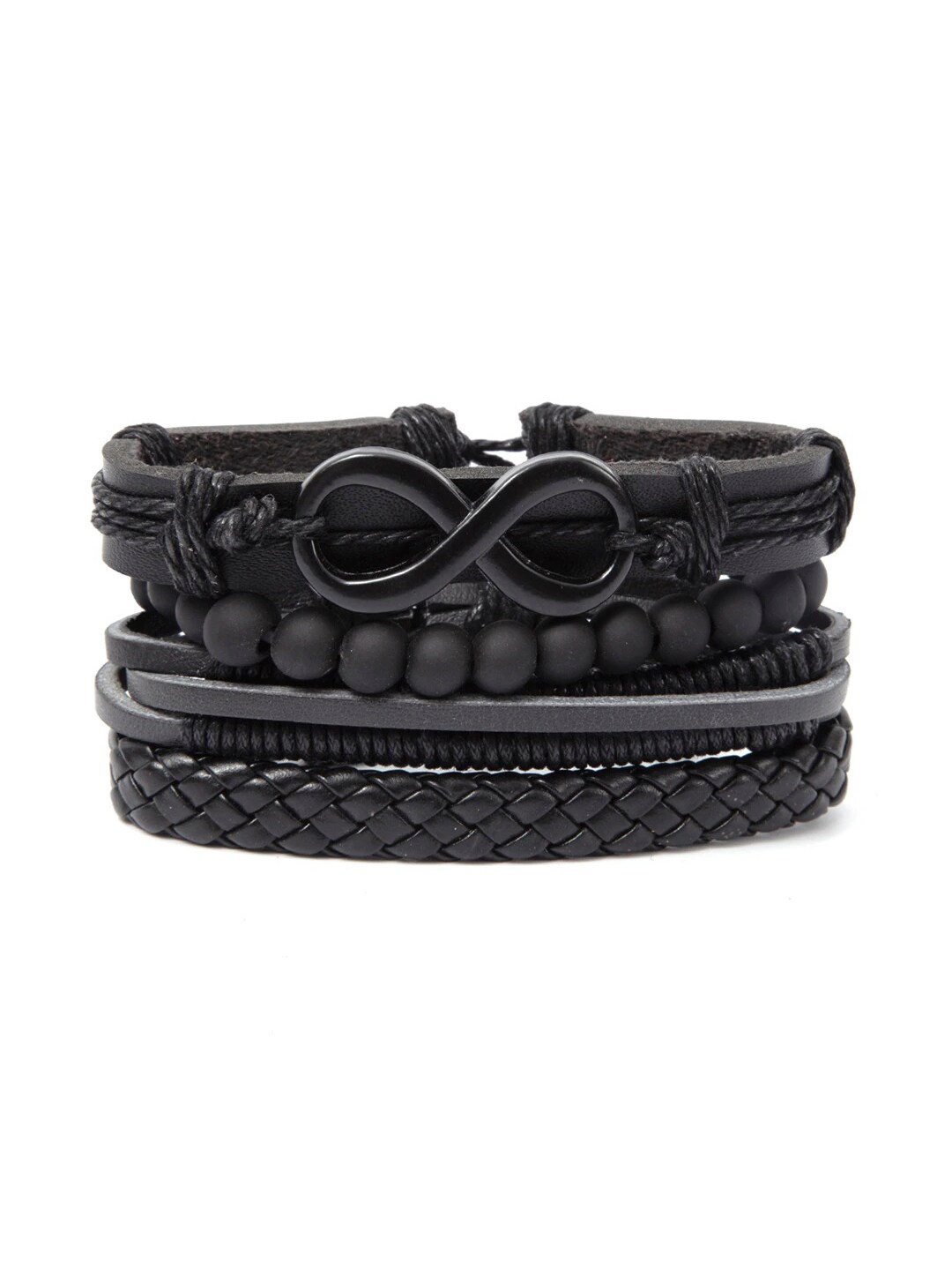 

OOMPH Men Set Of 4 Black Leather Multistrand Bracelet