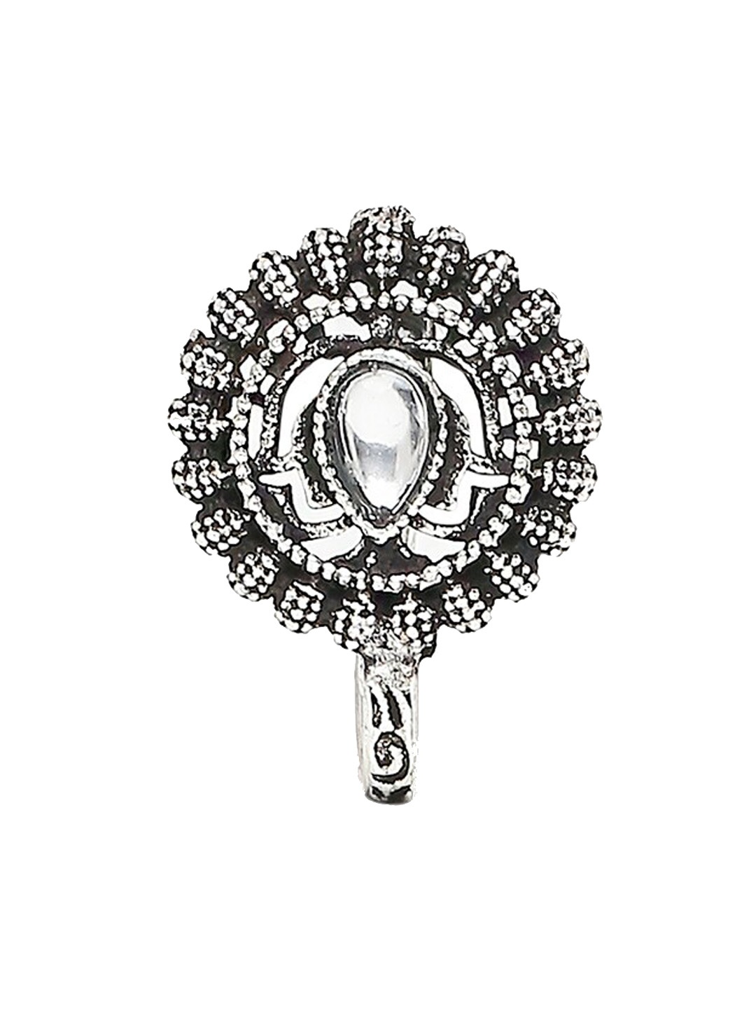 

OOMPH Women Silver-Toned & White Floral Oxidized Kundan-Studded NosePin