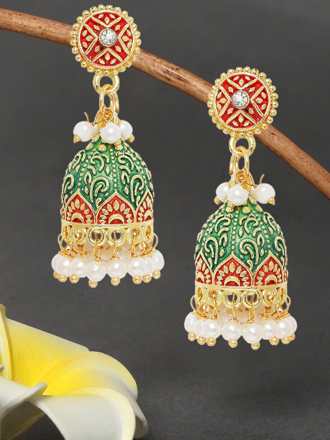 

OOMPH Red Dome Shaped Gold-Plated Jhumkas Earrings