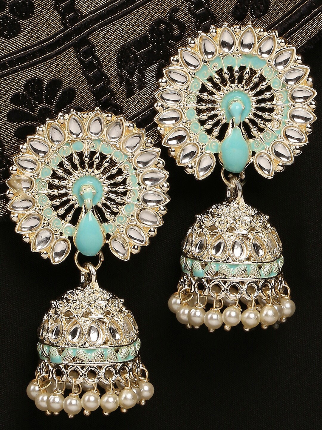 

OOMPH Silver-Toned & Sea Green Dome Shaped Jhumkas Earrings