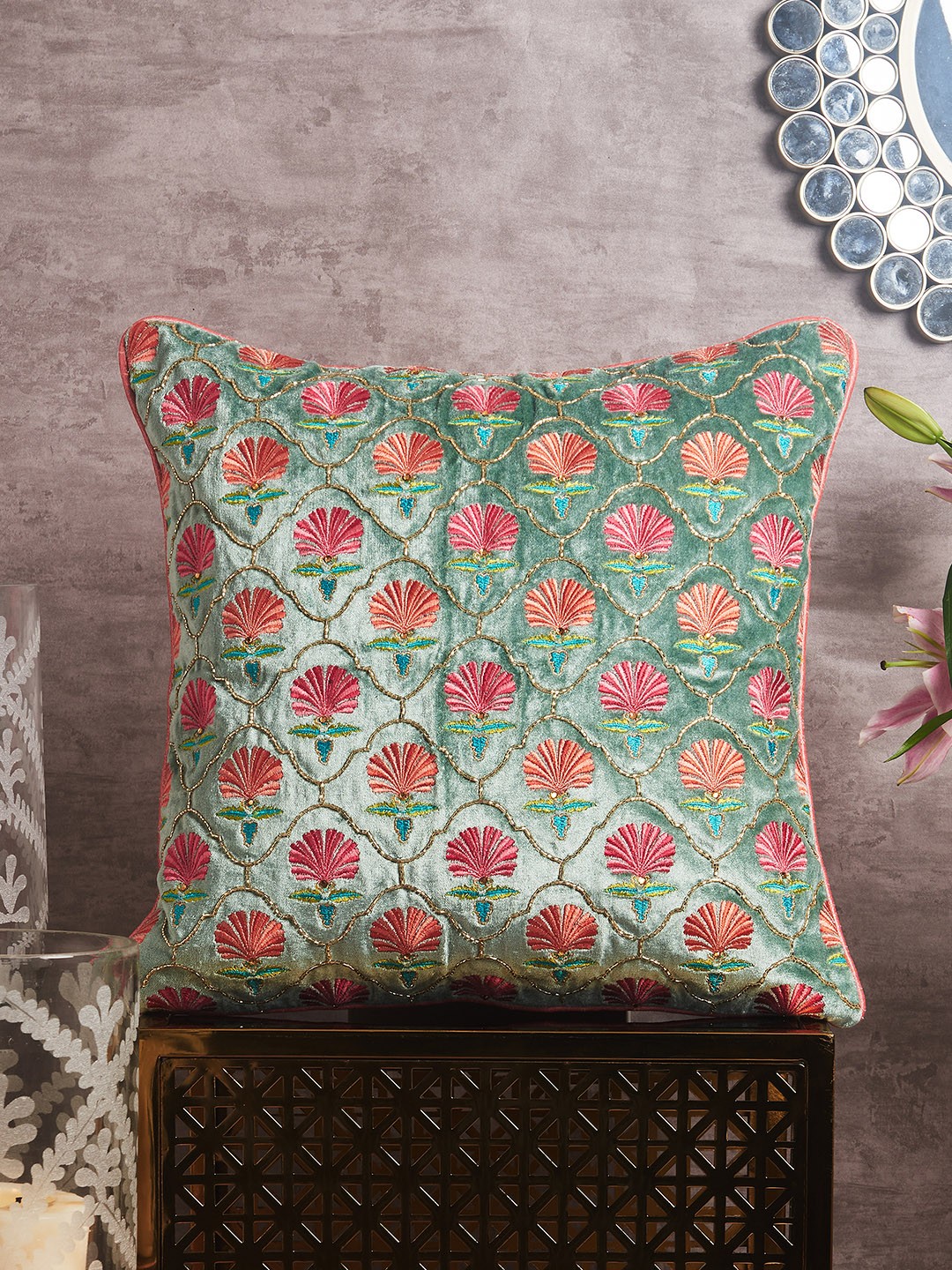 

HomeTown Green & Pink Floral Velvet Square Cushion Covers