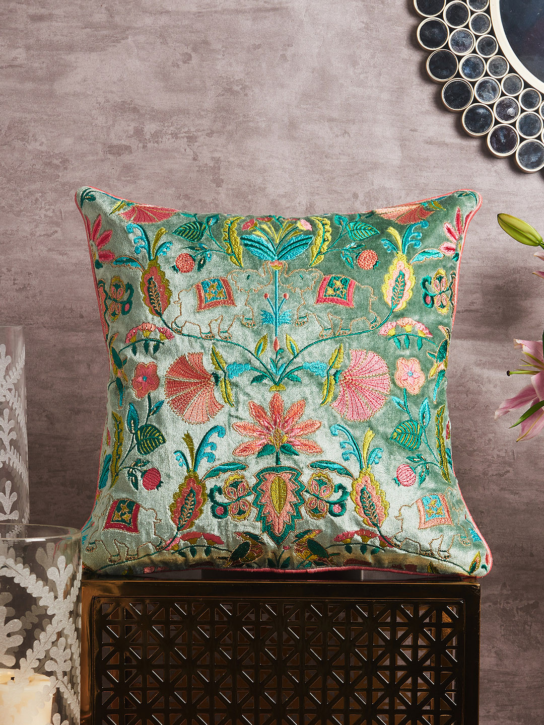 

HomeTown Green & Pink Floral Velvet Square Cushion Cover
