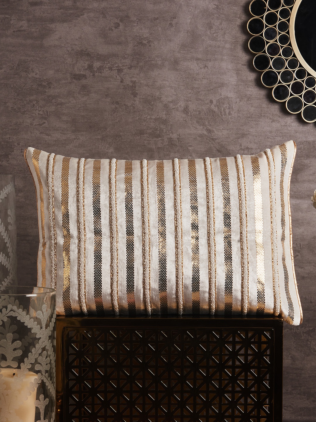 

HomeTown Off White & Gold-Toned Embroidered Velvet Rectangle Cushion Cover