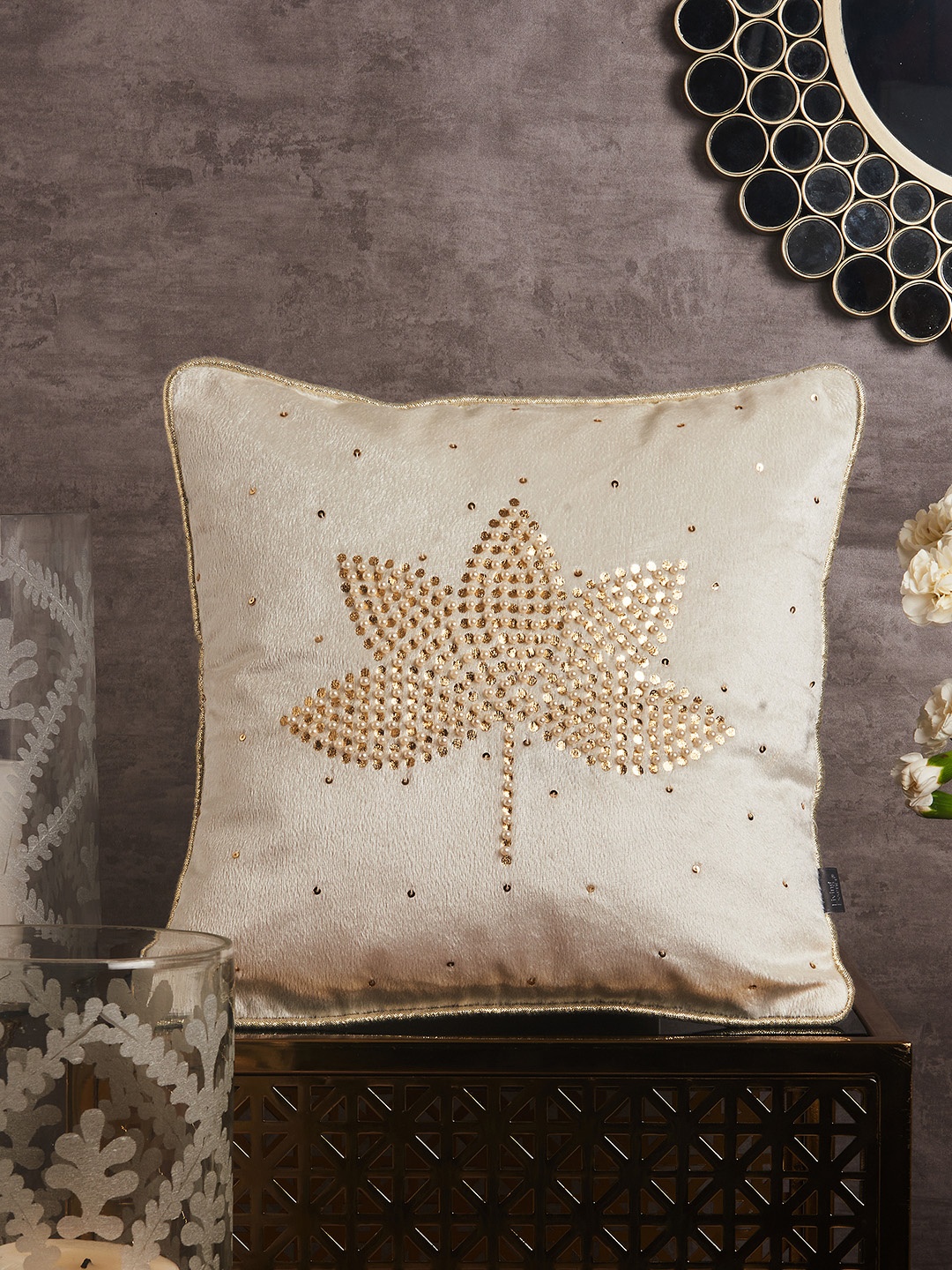 

HomeTown Off White & Gold-Toned Lotus Pearl Embroidered Velvet Square Cushion Covers
