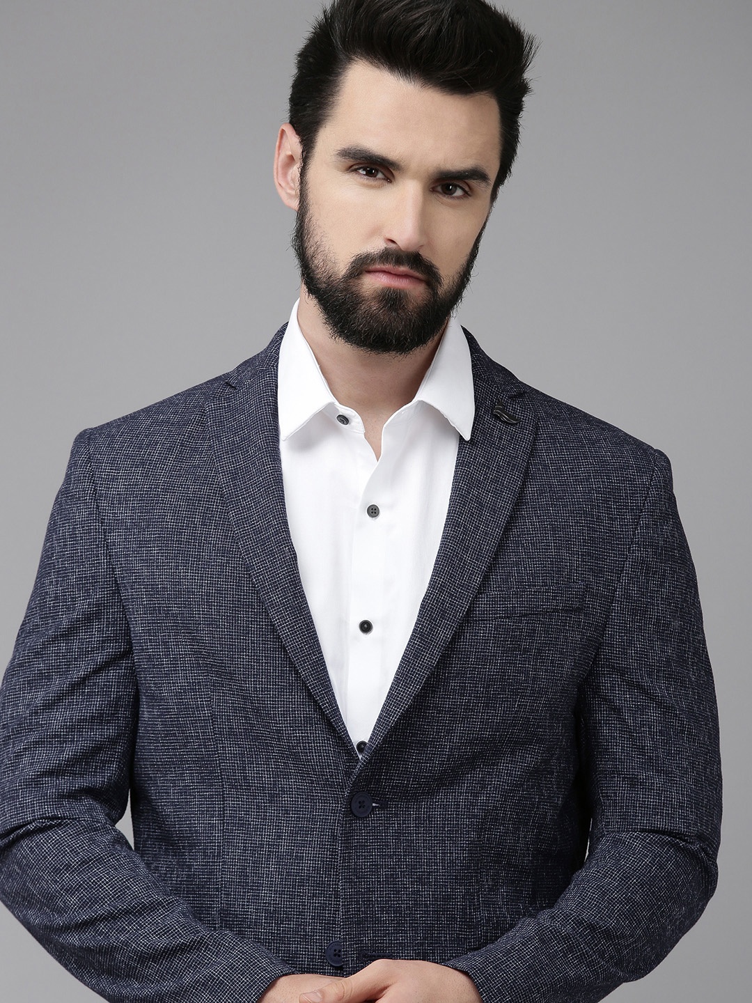 

Blackberrys Men Navy Blue Checked Slim-Fit Single-Breasted Blazer