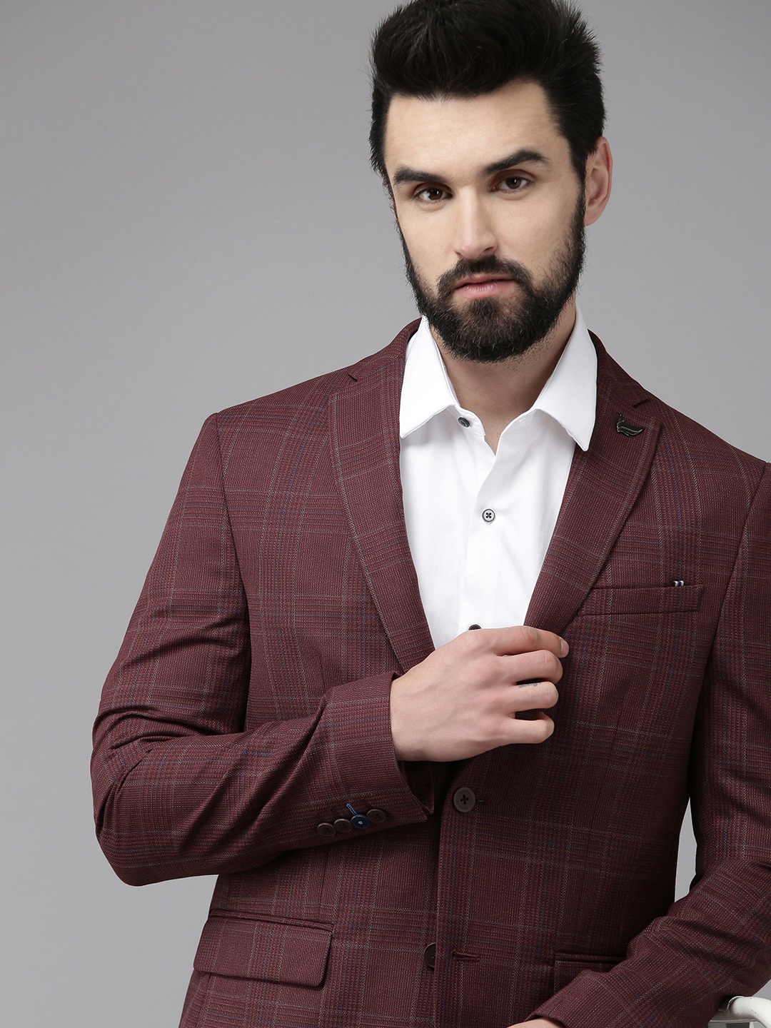 

Blackberrys Men Maroon Checked Slim-Fit Single-Breasted Blazer