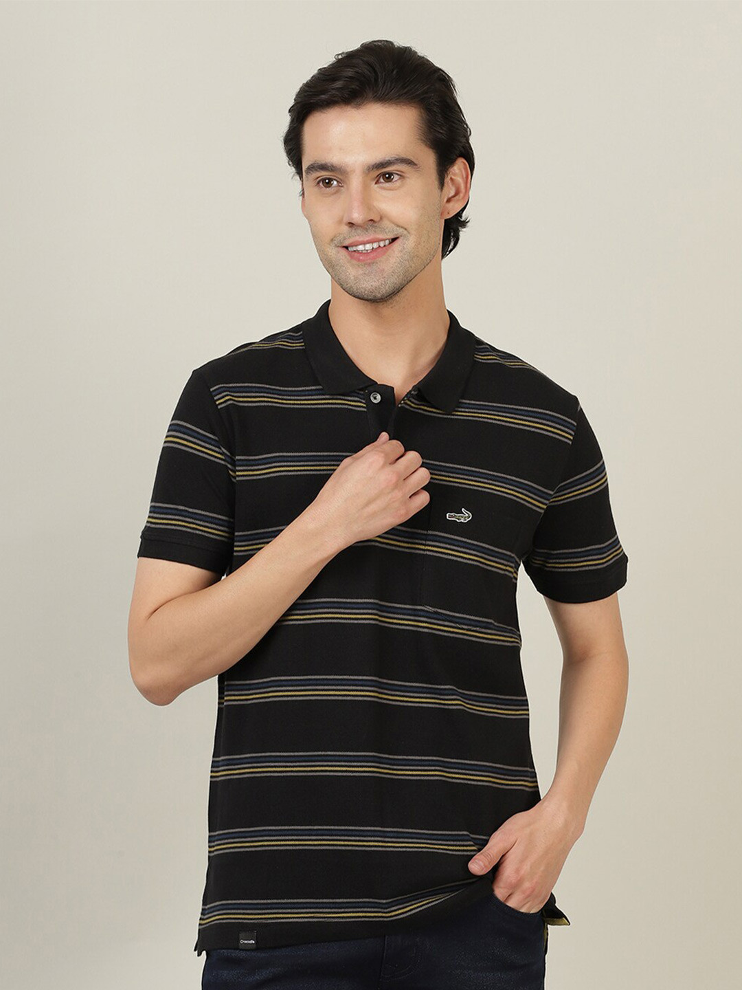 

Crocodile Men Black & Yellow Striped Polo Collar Cotton Slim Fit T-shirt