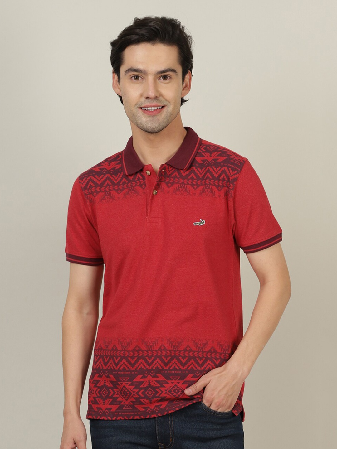 

Crocodile Men Red Printed Polo Collar Slim Fit T-shirt