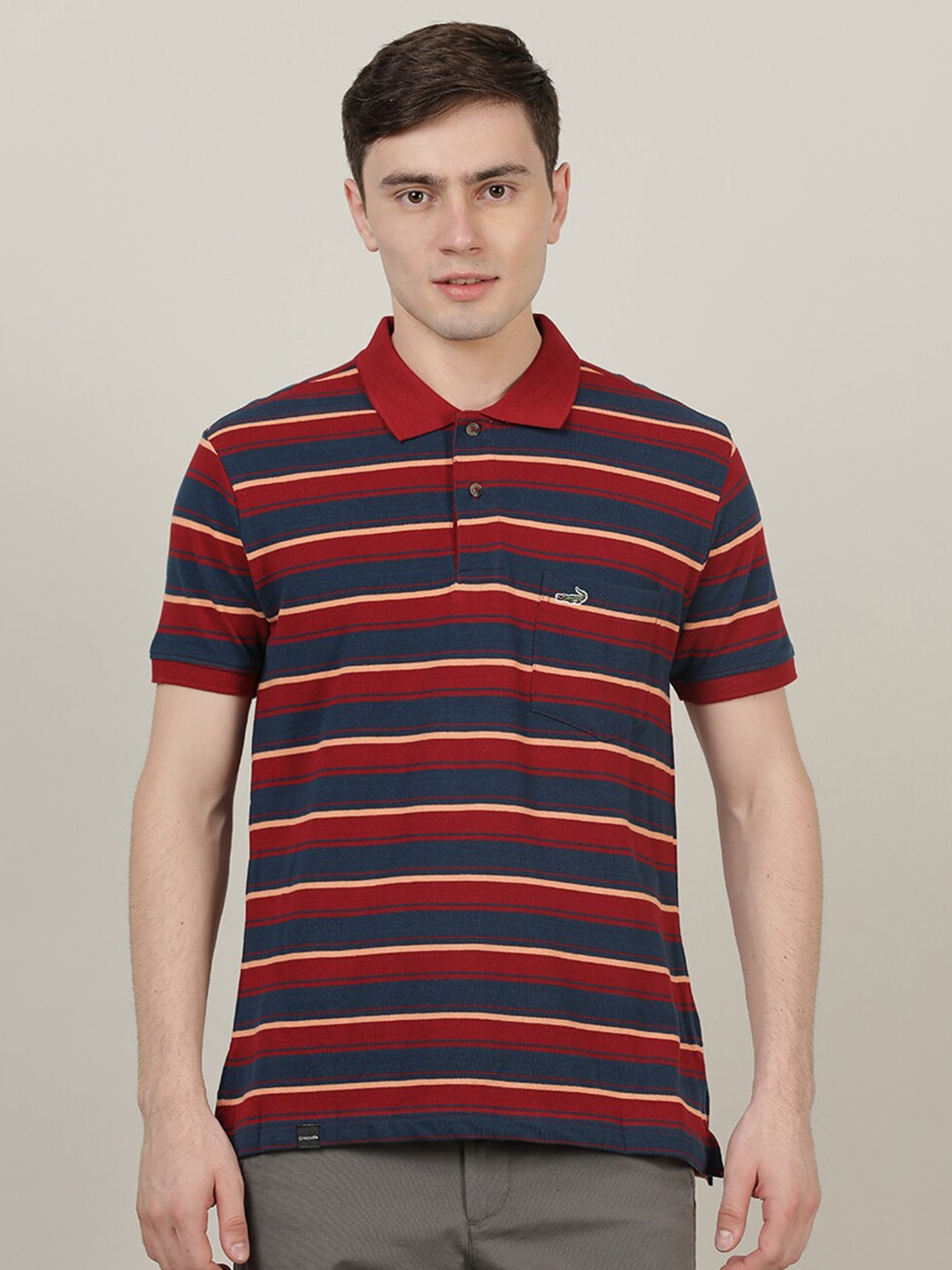 

Crocodile Men Maroon & Blue Striped Polo Collar Slim Fit T-shirt