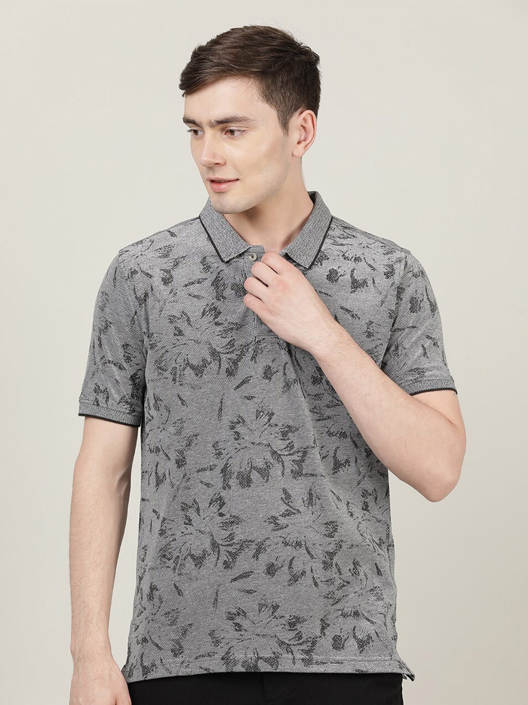 

Crocodile Men Grey Floral Printed Polo Collar Cotton T-shirt