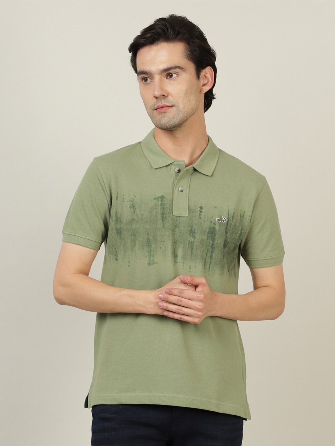 

Crocodile Men Green Printed Polo Collar Cotton T-shirt