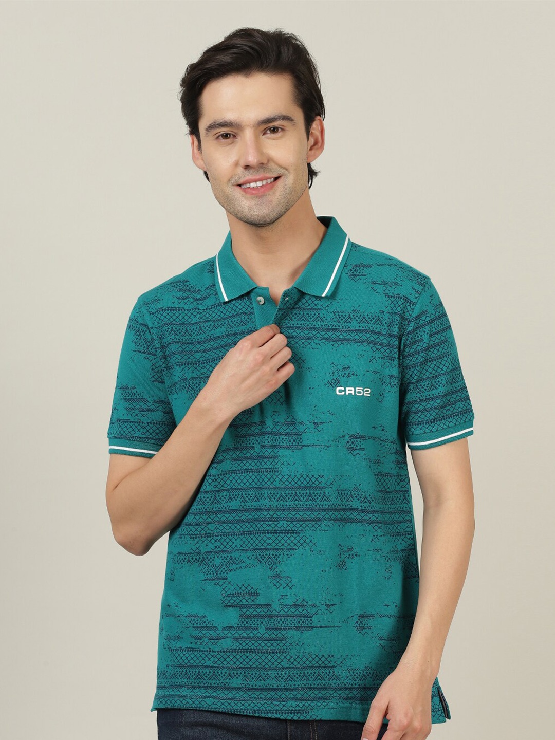 

Crocodile Men Turquoise Blue Printed Polo Collar Slim Fit Pure Cotton T-shirt