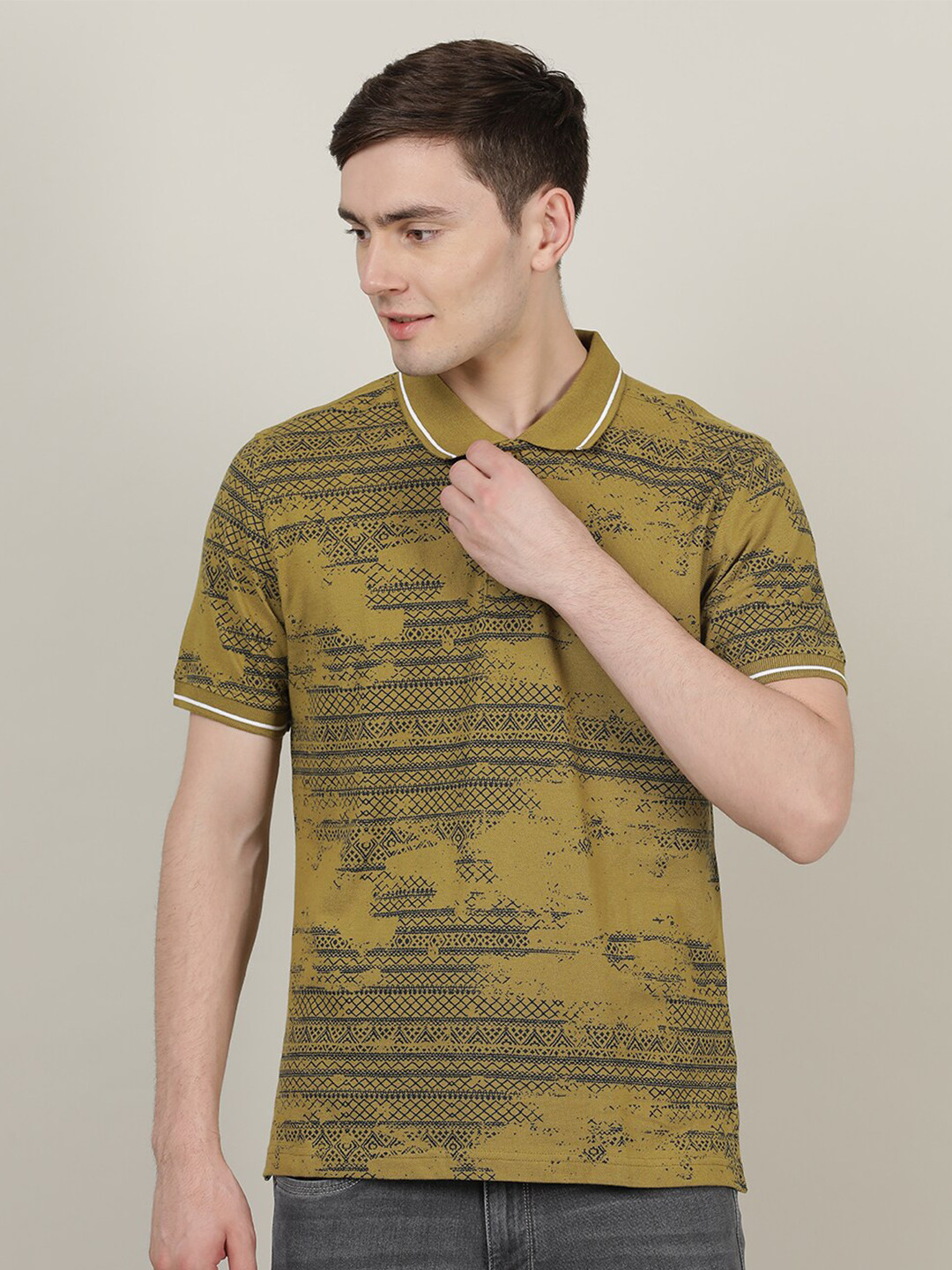 

Crocodile Men Olive Green Tribal Printed Polo Collar Slim Fit T-shirt