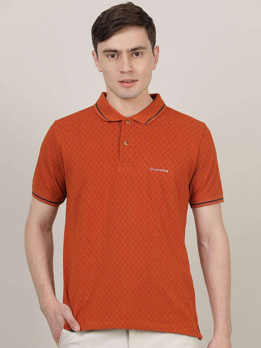 

Crocodile Men Rust Printed Polo Collar Cotton T-shirt