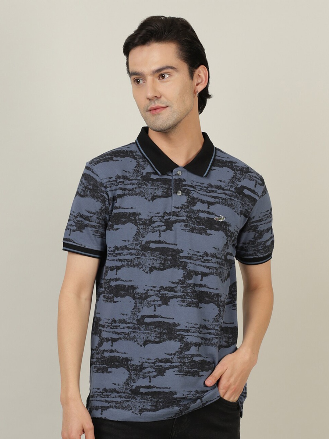 

Crocodile Men Blue & Black Printed Polo Collar T-shirt