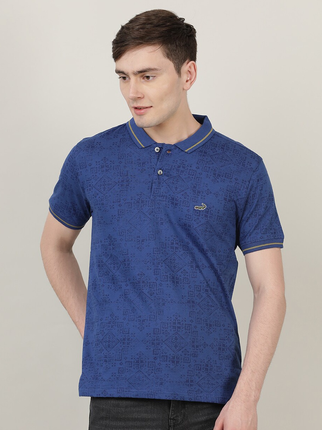 

Crocodile Men Blue Printed Polo Collar Cotton Slim Fit T-shirt