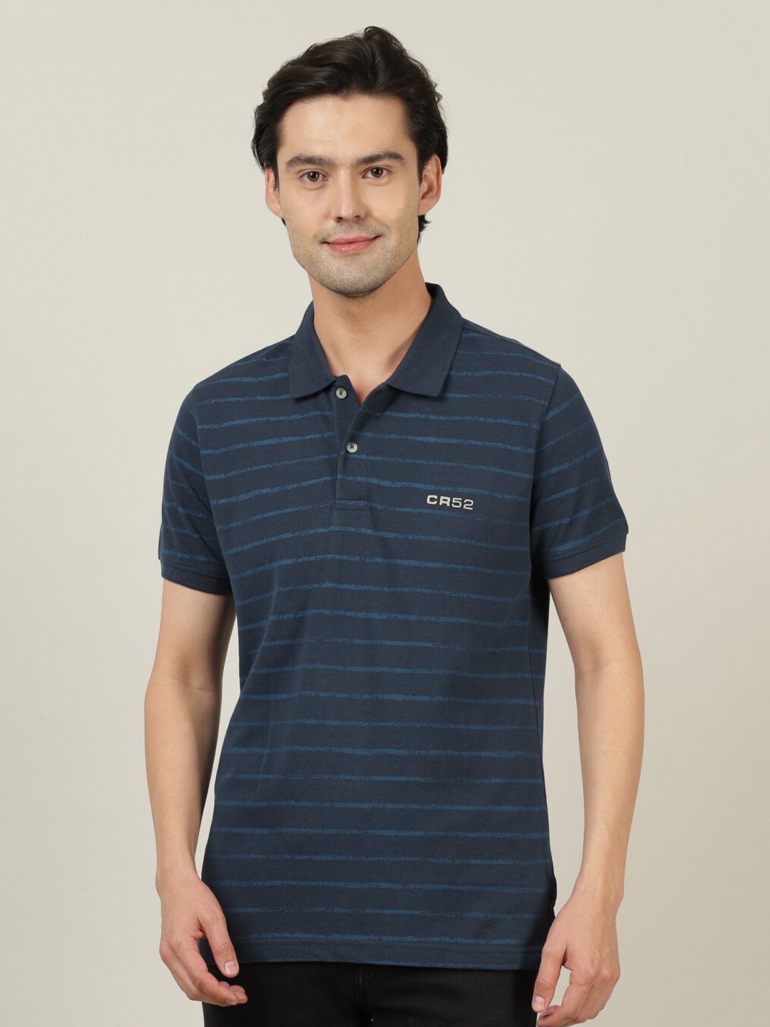 

Crocodile Men Navy Blue Striped Polo Collar Slim Fit T-shirt
