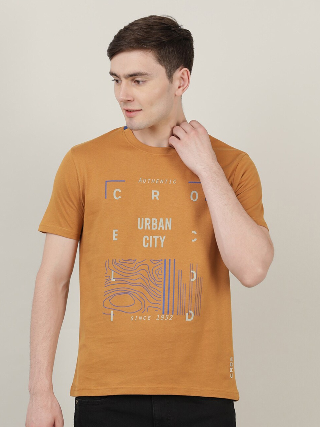 

Crocodile Men Mustard Yellow Typography Printed V-Neck Slim Fit T-shirt