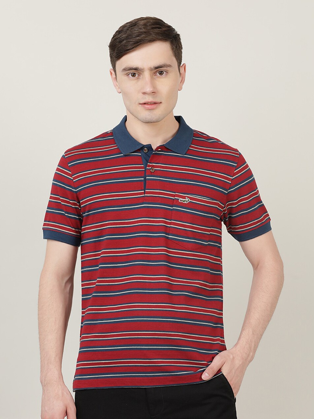 

Crocodile Men Maroon & Blue Striped Polo Collar Pure Cotton T-shirt