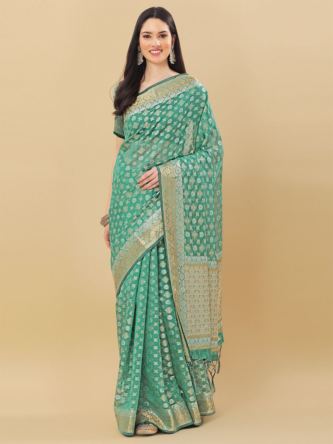 

Mitera Teal & Gold-Toned Woven Design Zari Organza Saree