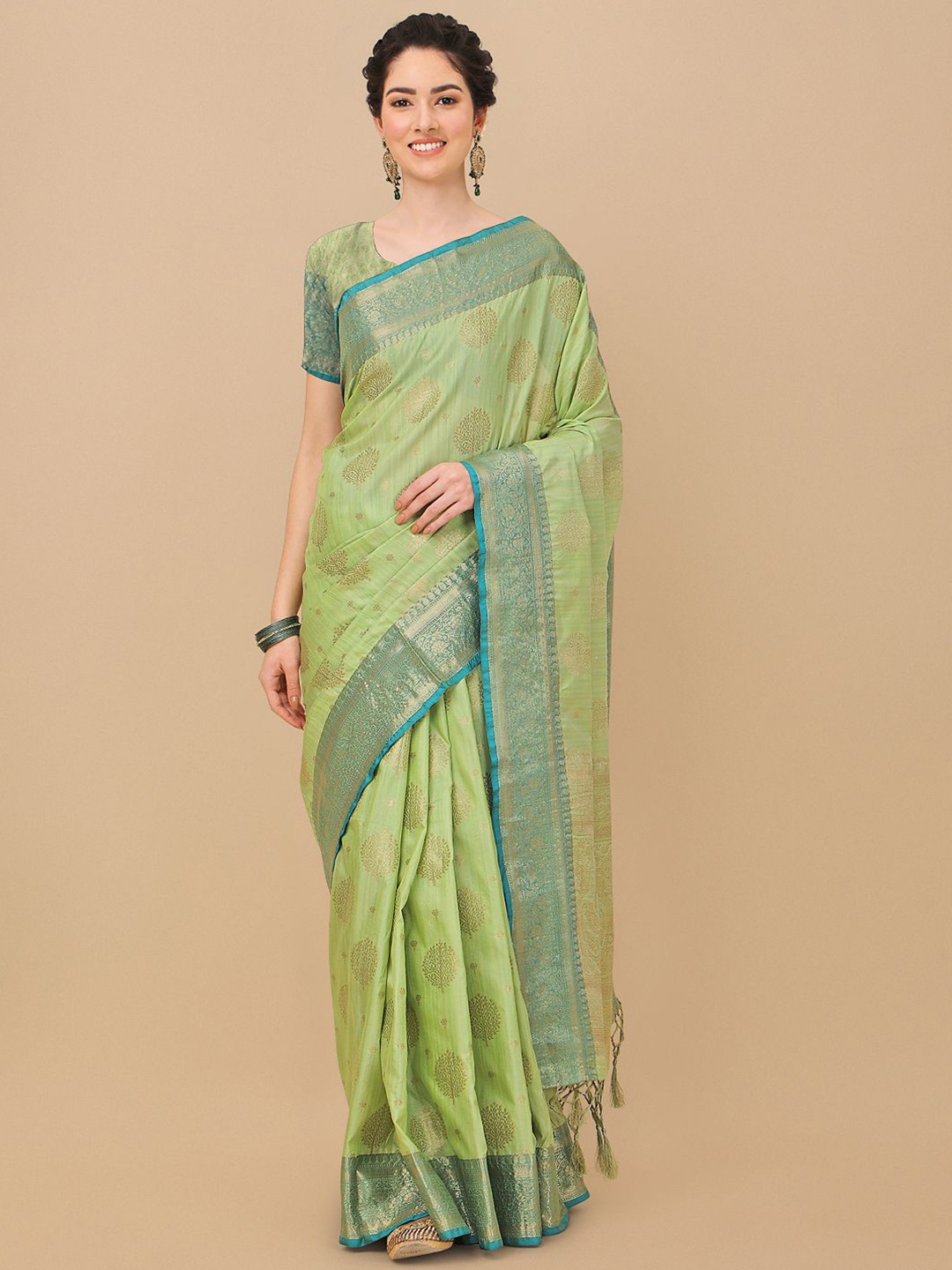 

Mitera Green & Blue Woven Design Zari Silk Blend Banarasi Saree