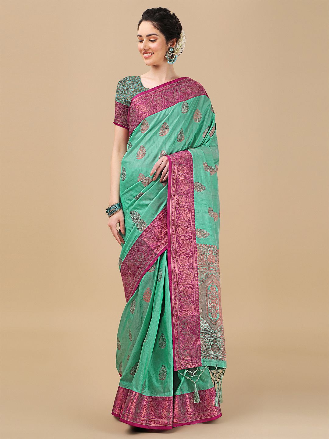 

Mitera Teal & Gold-Toned Woven Design Zari Silk Blend Banarasi Saree