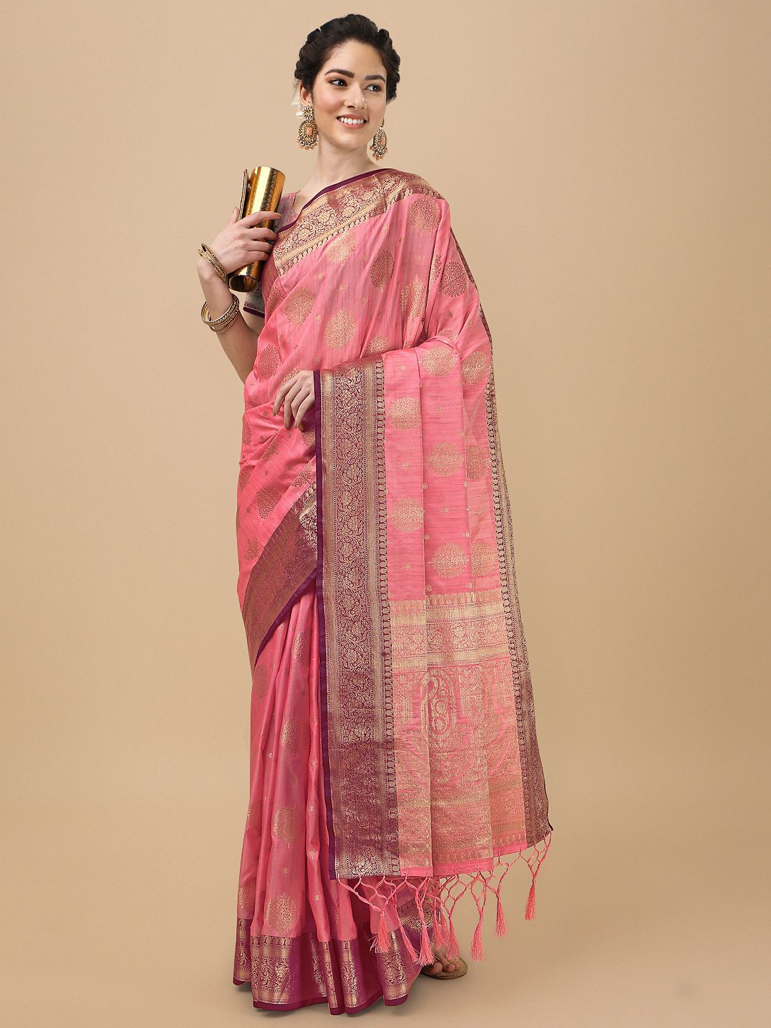 

Mitera Pink & Gold-Toned Woven Design Zari Silk Blend Banarasi Saree