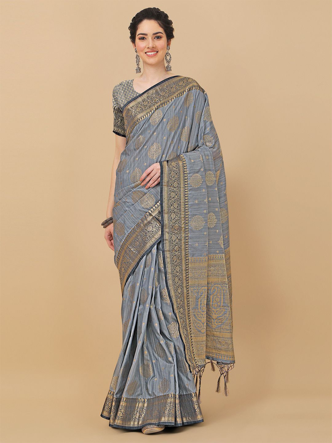 

Mitera Grey & Gold-Toned Woven Design Zari Silk Blend Banarasi Saree