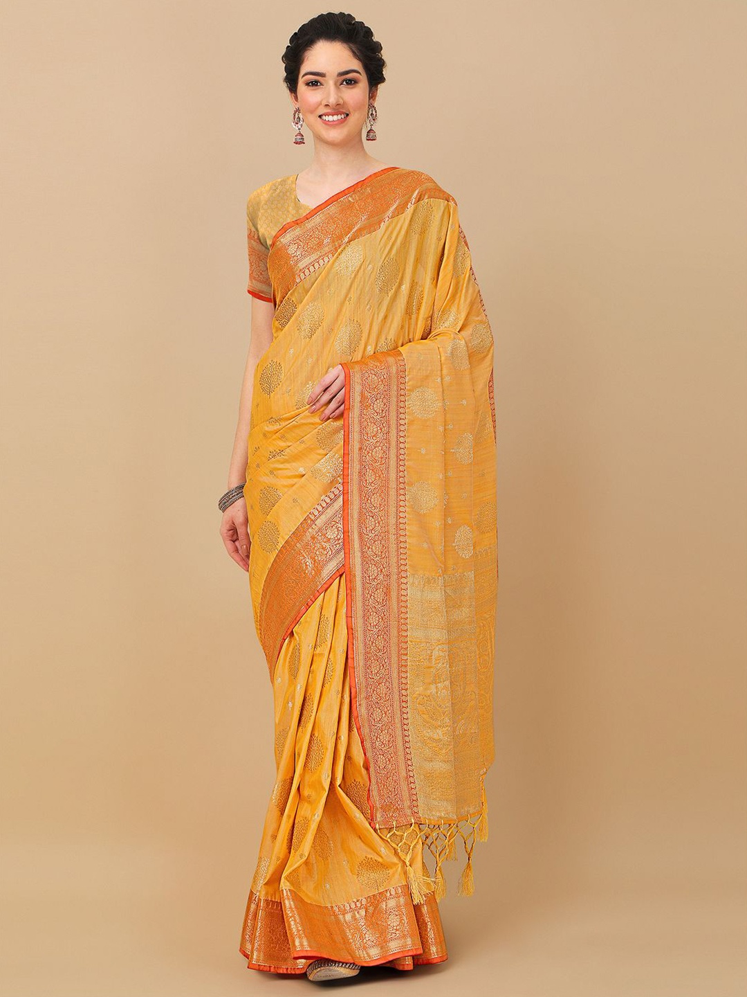 

Mitera Yellow & Orange Woven Design Zari Silk Blend Banarasi Saree