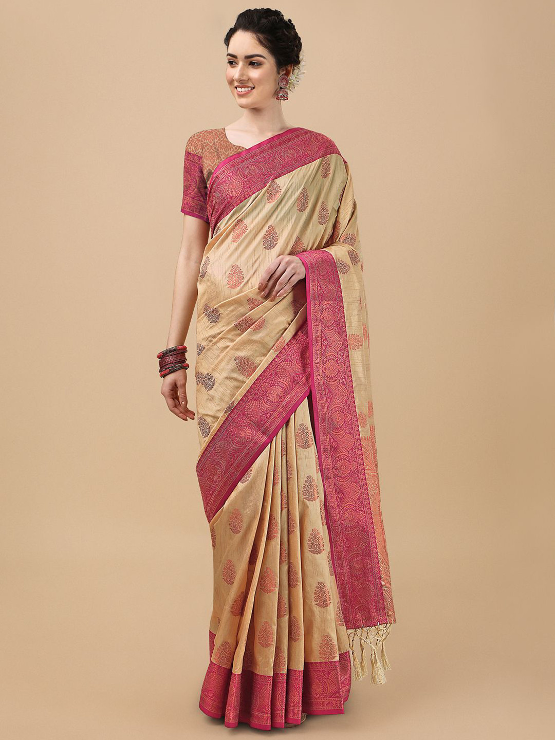 

Mitera Beige & Pink Woven Design Zari Silk Blend Banarasi Saree