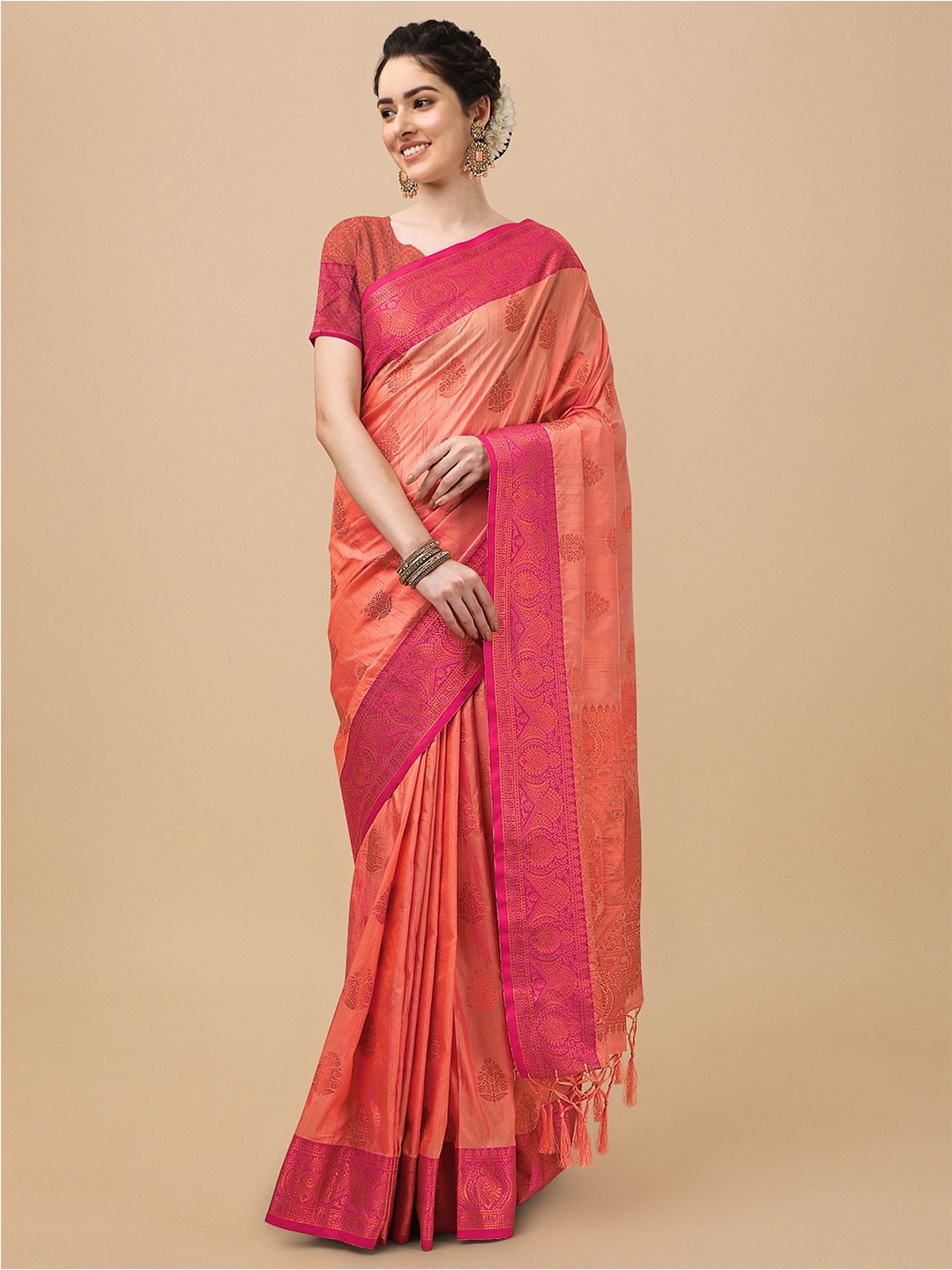 

Mitera Orange & Gold-Toned Woven Design Zari Silk Blend Banarasi Saree