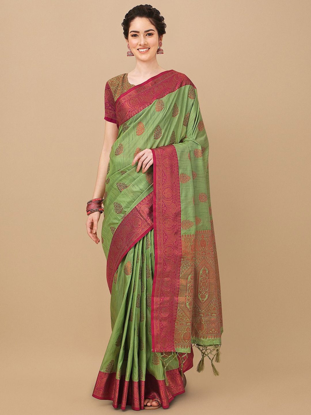 

Mitera Green & Pink Woven Design Zari Silk Blend Banarasi Saree